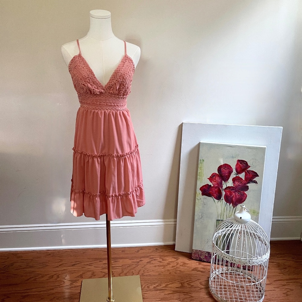 Babydoll Tiered Boho Womens Dress Small Open Tie Back Lace Festival Fairy Beach